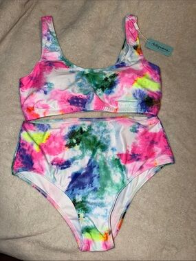 Tie-Dye High-Waist Bikini Set - Pink, Green, Blue